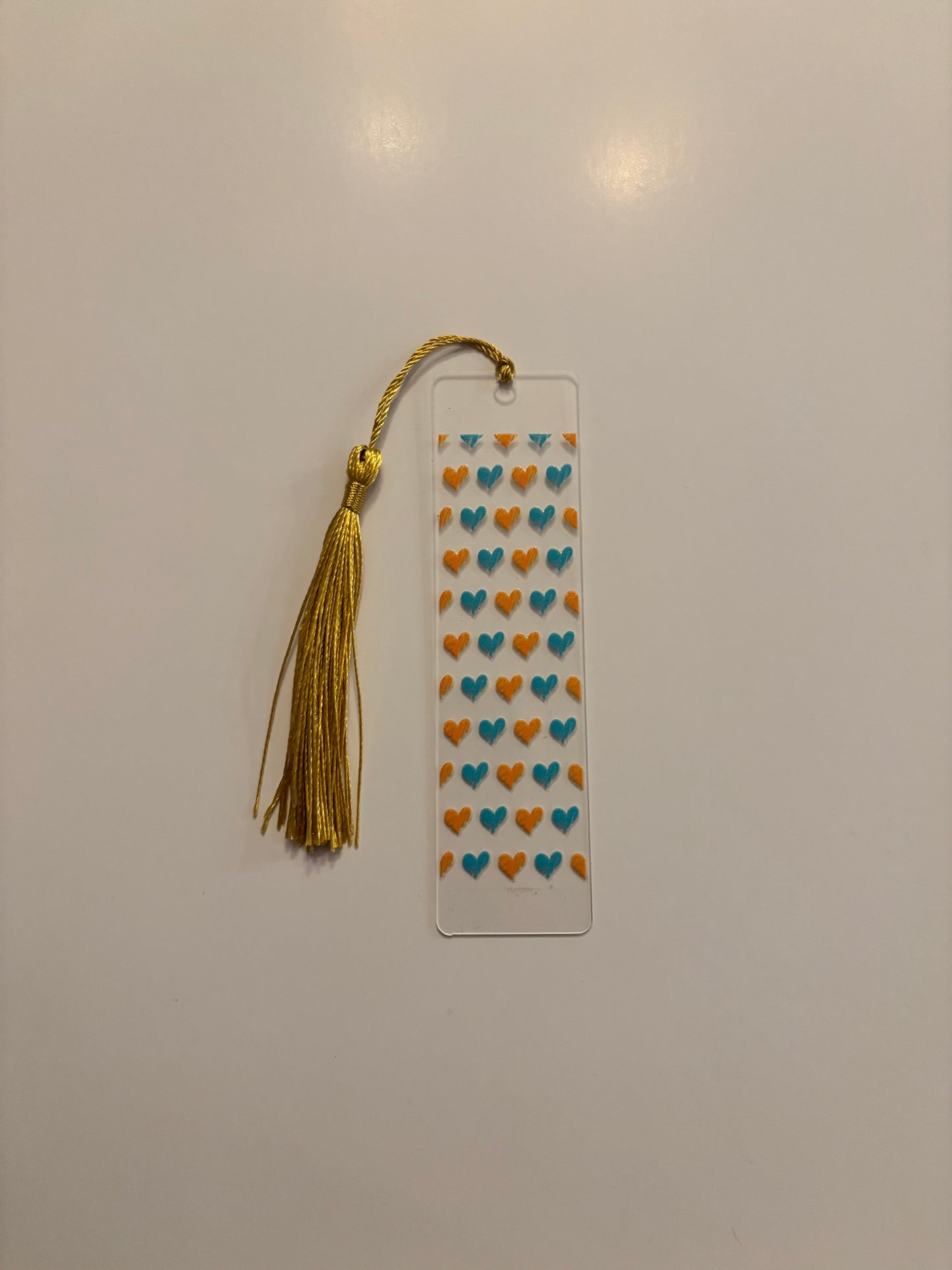 Acrylic Bookmark with Tassel - Orange & Blue Hearts