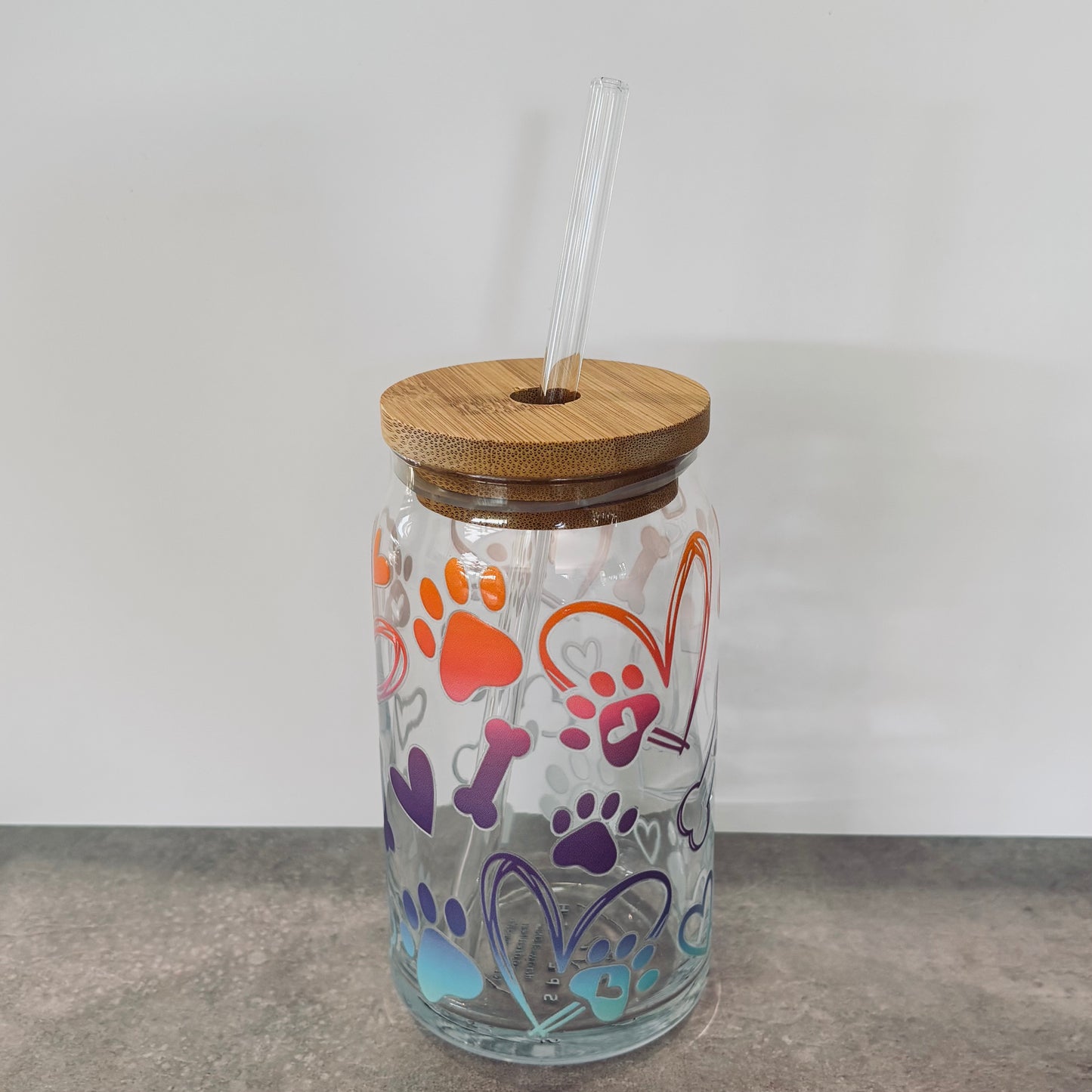 16oz Drinking Glass - Paw prints & hearts