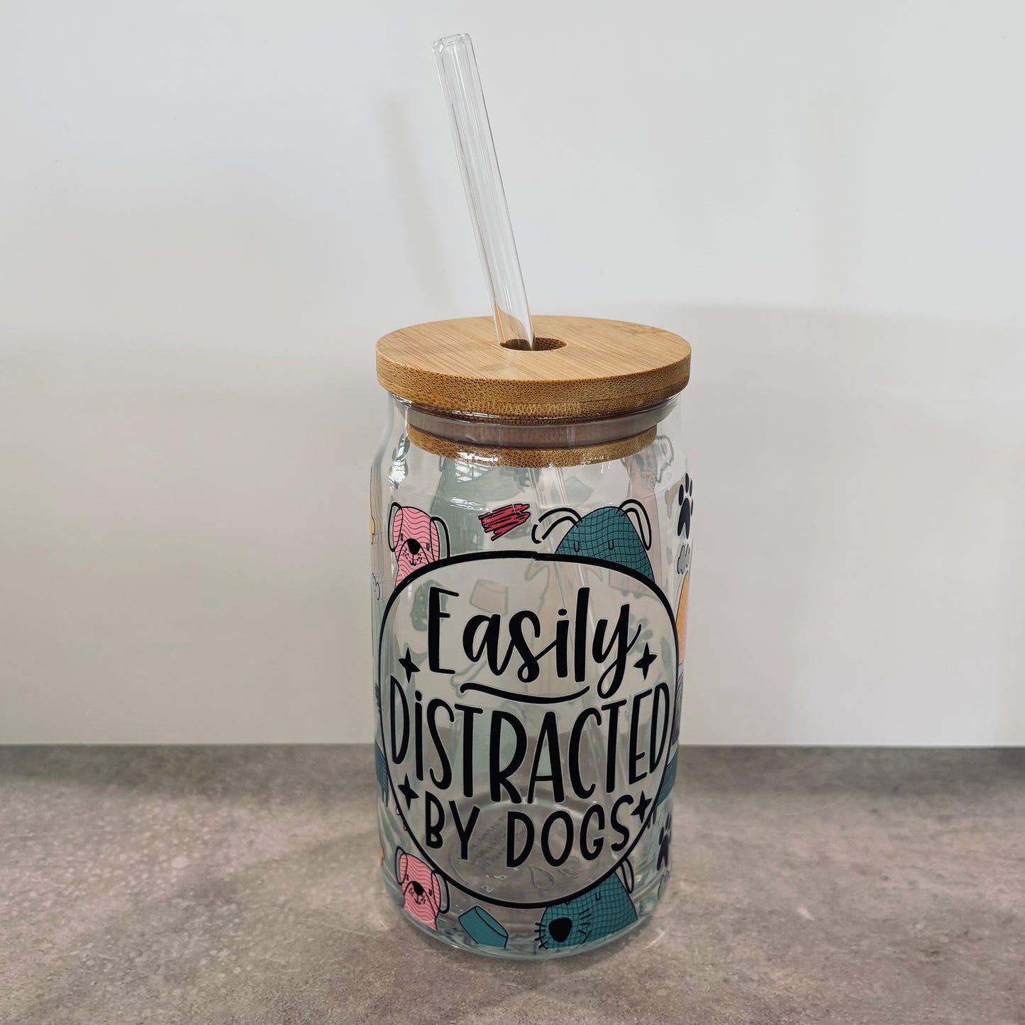 16oz Drinking Glass - Easily distracted by dogs