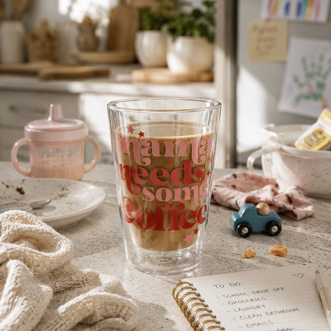 400ml Double Walled Drinking Glass - Mama Needs Some Coffee Print