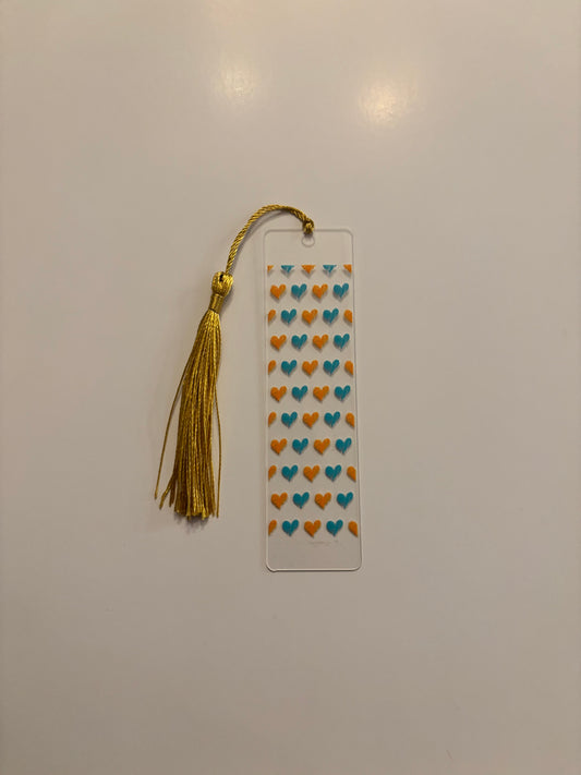 Acrylic Bookmark with Tassel - Orange & Blue Hearts