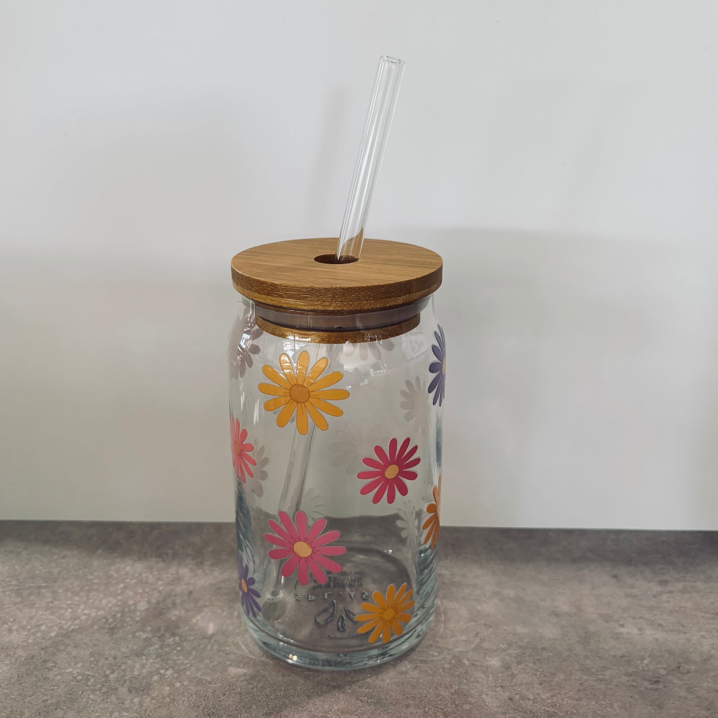 16oz Drinking Glass - Colourful daisies