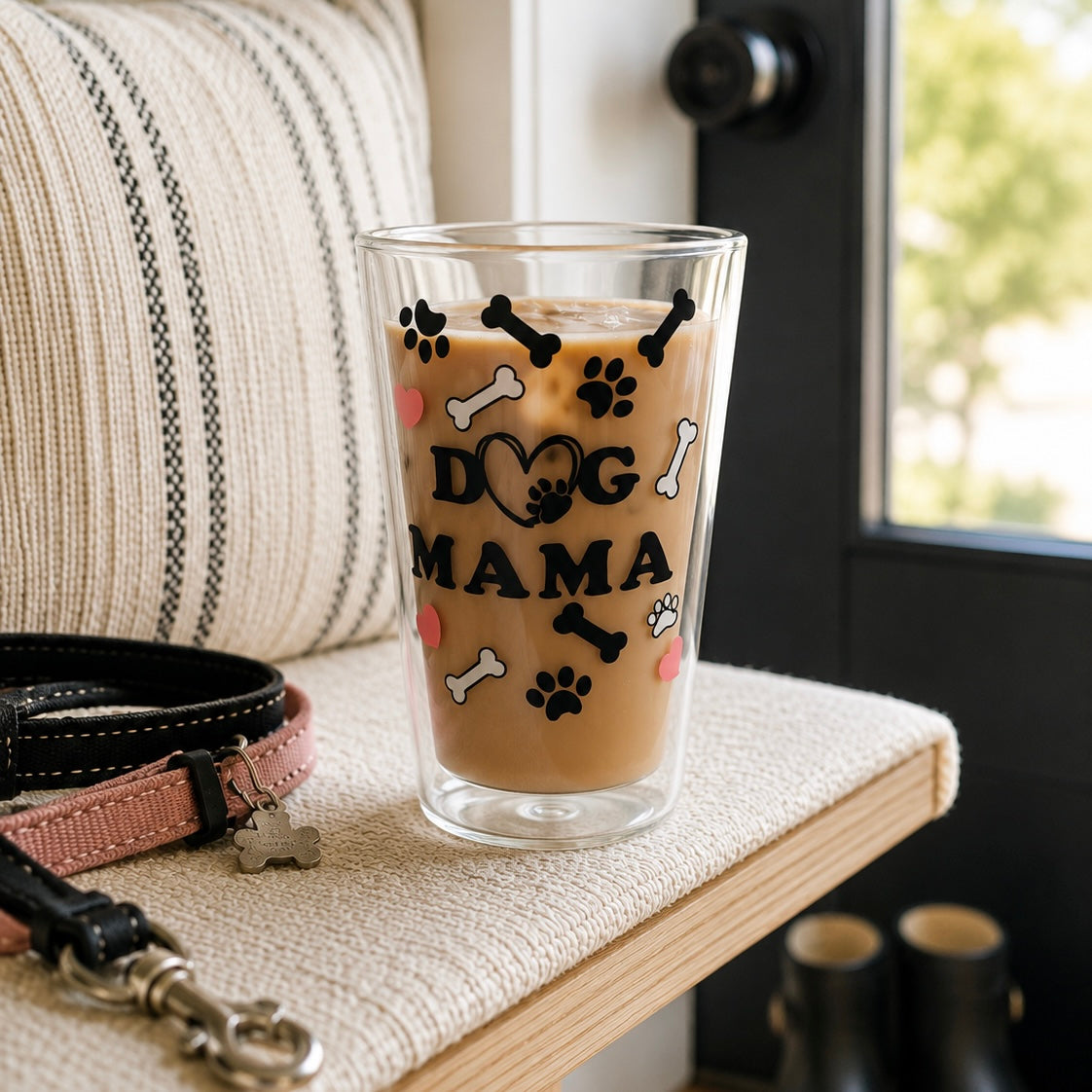 400ml Double Walled Drinking Glass - Dog Mama Print