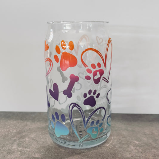 16oz Drinking Glass - Paw prints & hearts