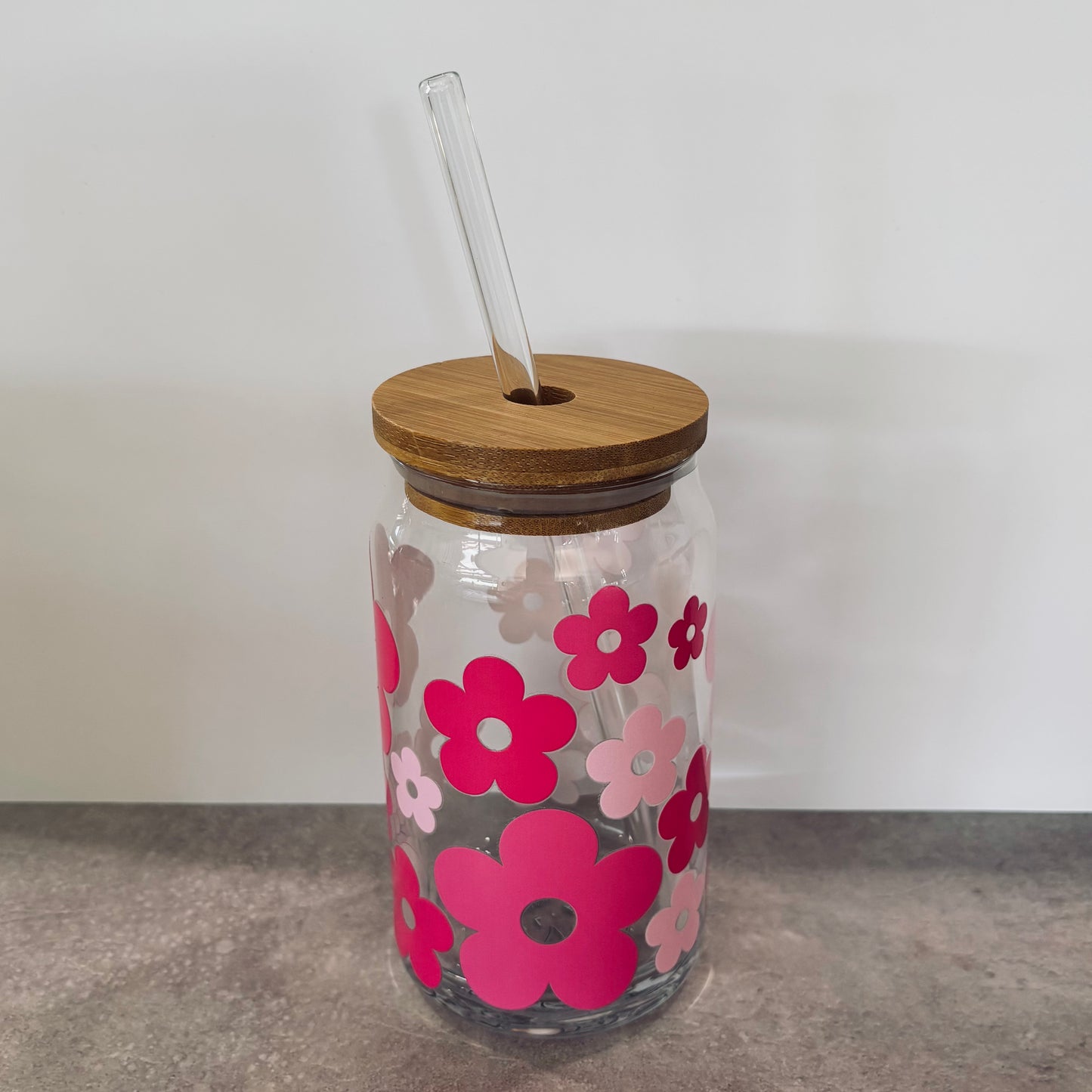 16oz Drinking Glass - Pink Flowers