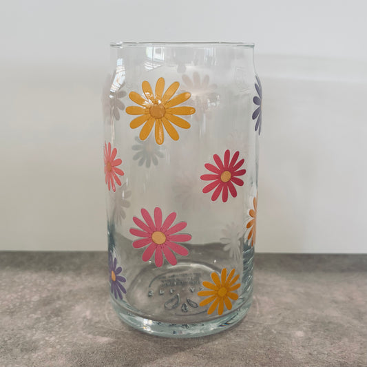 16oz Drinking Glass - Colourful daisies