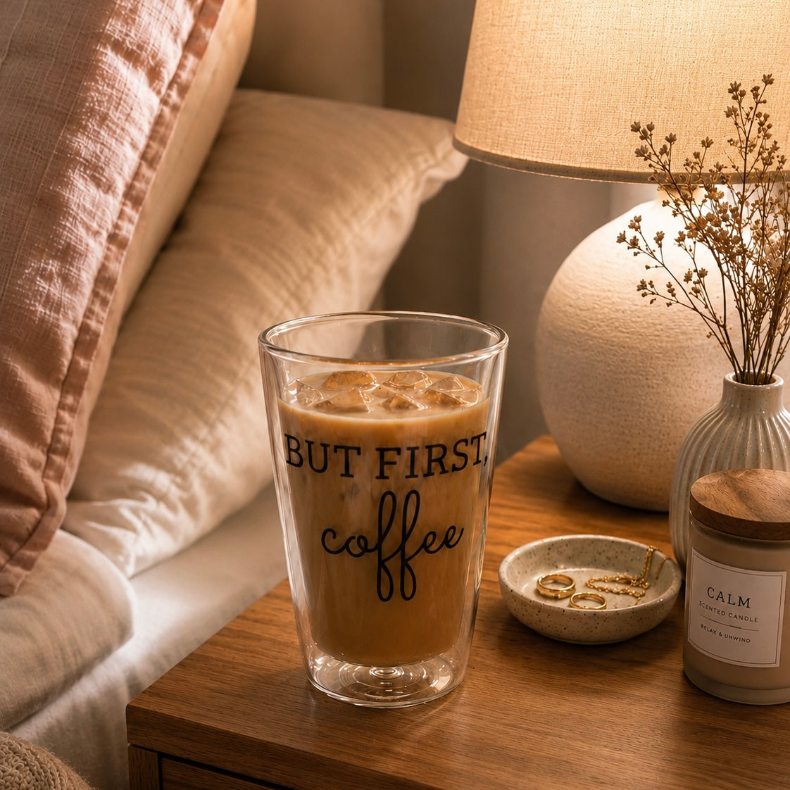 400ml Double Walled Drinking Glass - But First Coffee Print