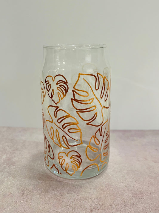 16oz Drinking Glass - Golden Monstera