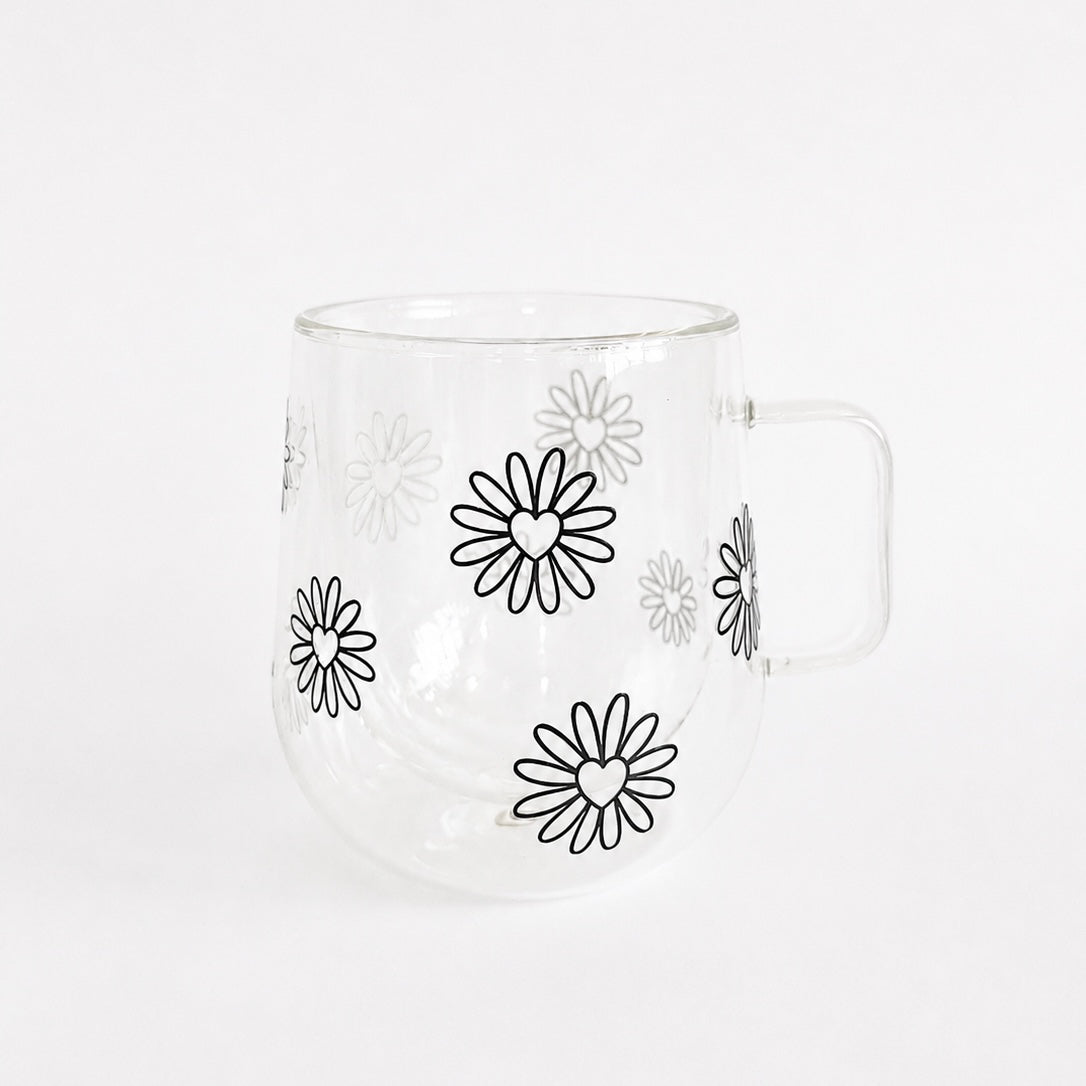 300ml Double Walled Drinking Glass - Daisy Outline