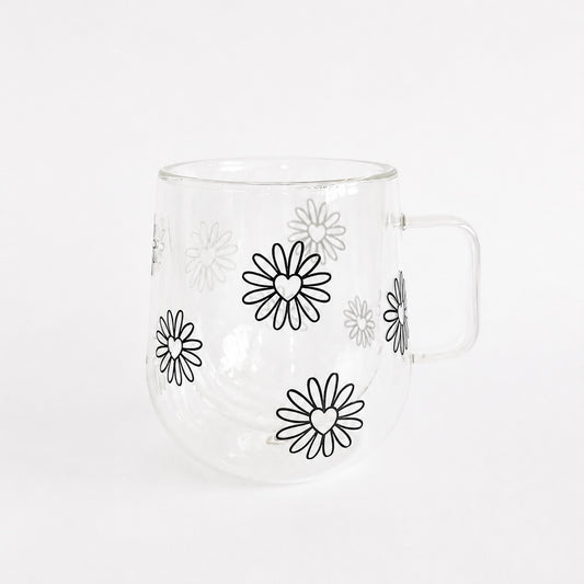 300ml Double Walled Drinking Glass - Daisy Outline