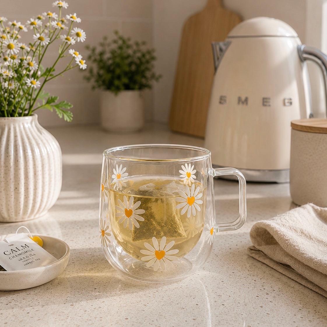 300ml Double Walled Drinking Glass - Daisies