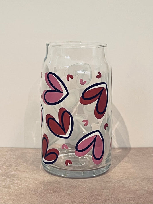 16oz Drinking Glass - Large Pink Hearts